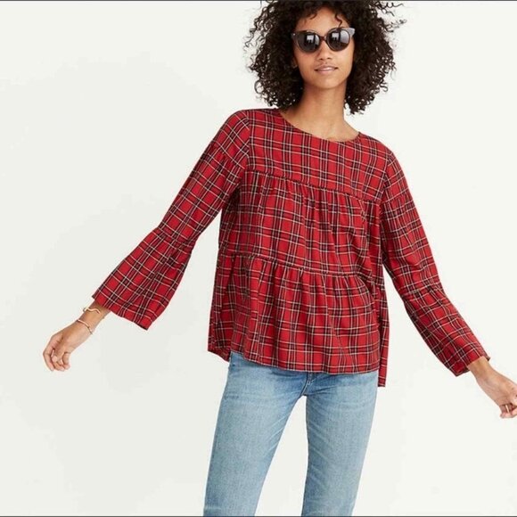 Madewell Red Tiered Plaid‎ Button Back Top - Picture 1 of 6
